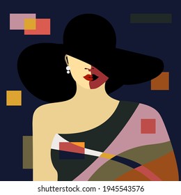 Woman in black hat with red lips. Pop art geometric, blue fon and abstract. Vector illustration 