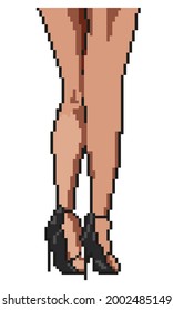 Woman in black high heeled shoes pixel art. Female legs vector pixelart illustration.