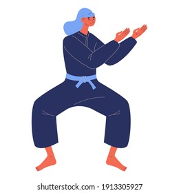 Woman in black kimono training ninjutsu isolated on white. Vector lovely character drawn in cartoon style