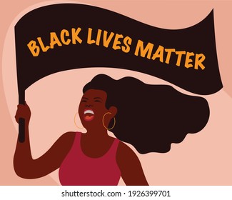 Woman with a Black lives matter flag. Flat illustration.  