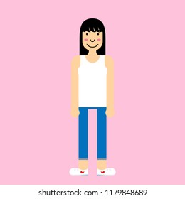 Woman with black long hair, white tank top, light blue folded pants and white running shoes. Editable vector flat design. Suitable for motion asset and avatar. 