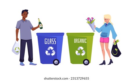 Woman and black man throwing and sorting garbage. Waste bins for organics and glass materials. Vector illustration isolated on white background. Zero waste concept