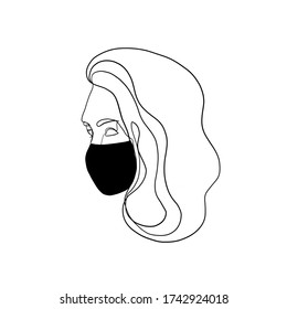 Woman in black medical mask to prevent disease, coronavirus flu. Linear portrait adult female face in surgical protection fashionable mask. Concept of quarantine. 