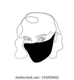 Woman in black medical mask to prevent disease, coronavirus flu. Linear portrait adult female face in surgical protection fashionable mask. Concept of quarantine. 
