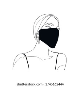 Woman in black medical mask to prevent disease, coronavirus flu. Linear portrait adult female face in surgical protection fashionable mask. Concept of quarantine. 