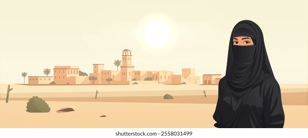 Woman in black niqab standing in desert town scenery. Vector illustration