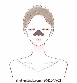 Woman with black nose pack. On a white background.