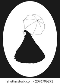 Woman black silhouette in classic dress in oval frame. Paint girl in lace and umbrella stand icon, side view. Drawn noble lady in long gown isolated on white background, vintage vector design eps 10