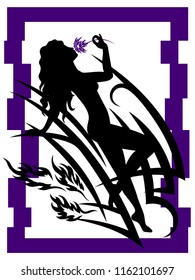 Woman black silhouette holding violet flower with tribal pattern on white background