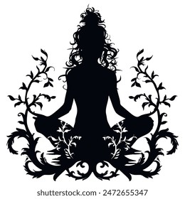 Woman black silhouette in a meditative lotus pose, surrounded by intricate vine like patterns. Mystical woman figure with the long wavy hair. Isolated vector design on white background.