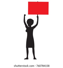 Woman black silhouette striking with red streamer raises her hand and shows protest isolated vector illustration on white background.