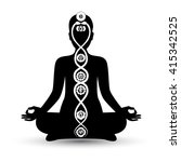 Woman black silhouette in yoga position with the symbols of seven chakras and kundalini energy