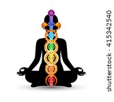 Woman black silhouette in yoga position with the colorful symbols of seven chakras and kundalini energy