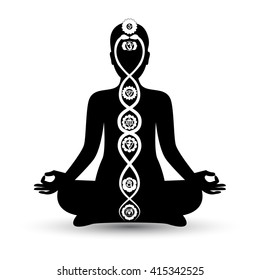 Woman black silhouette in yoga position with the symbols of seven chakras and kundalini energy