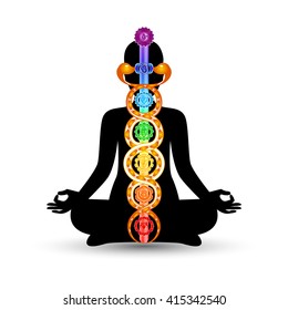 Woman black silhouette in yoga position with the colorful symbols of seven chakras and kundalini energy