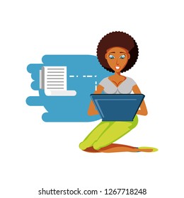 woman black sitting with laptop computer and paper receipt