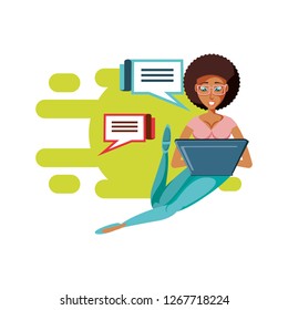 woman black sitting with laptop and speech bubbles
