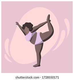 A woman with black skin does yoga. Yoga asanas for overweight people. A black woman performs yoga poses.