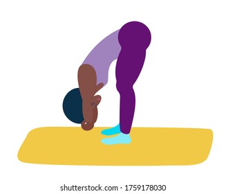 Eine Frau mit schwarzer Haut macht Yoga. Ein sportliches schwarzes Mädchen demonstriert eine Yoga Pose-Lappen-Puppe. Vektorgrafik in flachem Stil.Gesunder Lebensstil, spirituelle Praxis