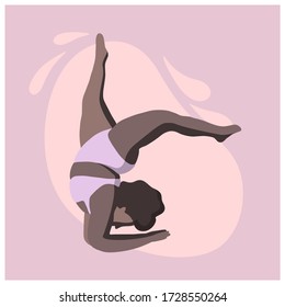 A woman with black skin stands on her hands. Yoga asanas for overweight people. A black woman performs yoga poses.