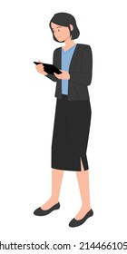 A woman in a black skirt suit is standing and looking at a tablet. flat design style vector illustration.