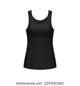 Woman black sleeveless tank top front view. Isolated vector realistic 3d female shirt or sports racerback singlet template. Garment, underwear mock up