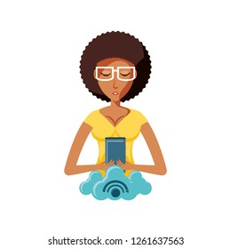 woman black with smartphone and cloud computing