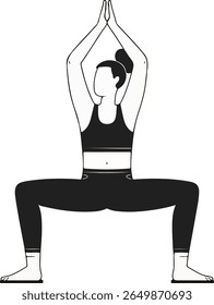 Uma mulher em um sutiã preto esportivo e perneiras está fazendo a Pose da Deusa com as mãos em posição de oração acima de sua cabeça.

