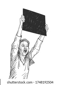 Woman with black square banner is screaming during protest. Vector sketch, Hand drawn illustration