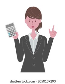 Woman in a black suit with a calculator