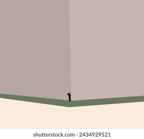 Woman in black suit with red umbrella walking down city street corner of building. Business and people. concept