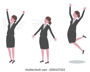 A woman in a black suit who takes a deep breath, stretches, and jumps