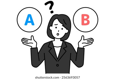 Woman in a black suit wondering between options A and B