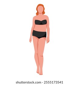 Woman in black swimsuit with red hair. Vector illustration.