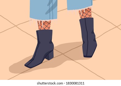 Woman In Black Trendy Ankle Boots With Low Heel And Square Toe. Female Feets In Stylish Elegant Leather Footwear. Autumn Or Spring Shoes Flat Vector Illustration