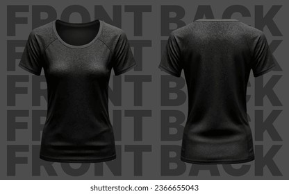 Woman Black Tshirt Mockup, Fashion Illustration Clothes, Women Blank Template, Realistic Font Back 3D Shirt Cloth on Text Grey Background