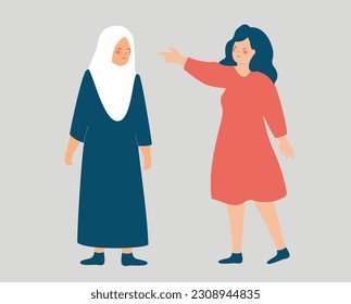 Woman blames and accuses a woman with hijab. Muslim female feeling sad due to abuse and harassment. Stop violence and bullying. Concept of verbal assault, discrimination and stereotype. Vector stock. 