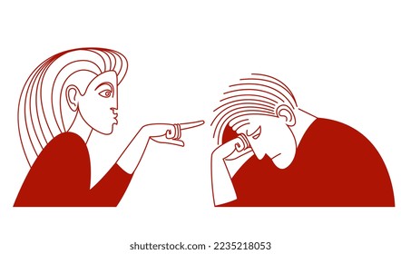 A woman blames a man, pointing her finger at him, family difficulties, bad relationships at work, conflict, stressful situation.