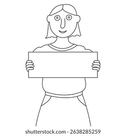 A woman with a blank board. An outline illustration of a girl holding a blank sign. A cartoon female character with a board for a copy.