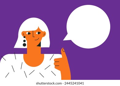 Mujer con una burbuja de habla vacía. Expresar opinión, concepto de comunicación. Retrato de una hermosa chica hablando, diciendo. Cara femenina atractiva. Ilustración vectorial plana de moda. Estilo de caricatura 