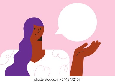 Mujer con una burbuja de habla vacía. Expresar opinión, comunicación. Retrato de una hermosa chica hablando, diciendo. Cara de mujer. Ilustración vectorial plana de moda en rosa, violeta. Estilo de caricatura