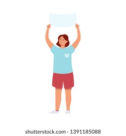 Woman with blank protest sign, cartoon character holding a poster above head, angry activist template for human rights rally or feminist movement - vector illustration isolated on white background