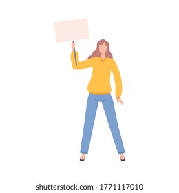 Woman with Blank Signboard Claiming Her Demands, Independence, Equality, Female Power and Rights Flat Style Vector Illustration