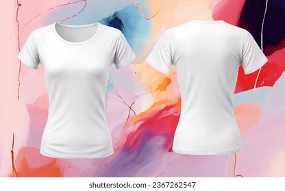Woman Blank T-shirt Mockup, Clean White Unisex Fashion Shirt, Women Grey Tshirt Outfit Template, Realistic Font Back 3D Clothes, Female Cloth on Colorful Background