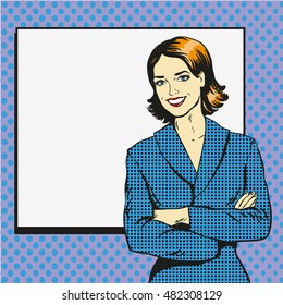 Woman with blank white paper poster. Pop art comic retro style vector illustration. Put your own text template.