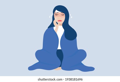 woman in blanket got fever, sneezing and suffering from headache Sickness, allergy, flu and fever concept