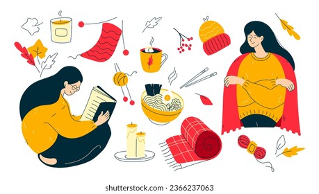 Woman with a blanket on her shoulders and girl in sweater reading a book. Set of autumn warm and cozy home elements. Food delivery, hot chocolate, knitting and candles flat vector illustrations.