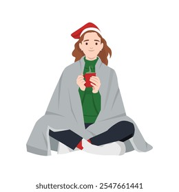 Woman with blanket on shoulders drinks hot tea to cheer up and feel comfortable. Flat vector illustration isolated on white background