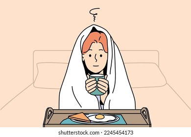 Woman in blanket sit in bed feel cold drink hot tea eating breakfast. Pensive girl in cover suffer from low temperatures indoors warm with food and coffee. Vector illustration. 