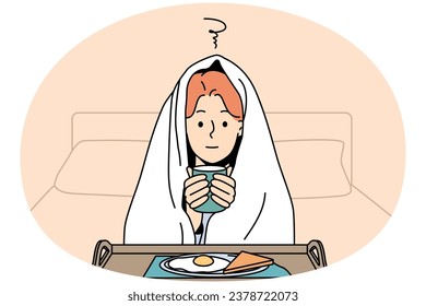 Woman in blanket sit in bed feel cold drink hot tea eating breakfast. Pensive girl in cover suffer from low temperatures indoors warm with food and coffee. Vector illustration.